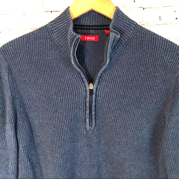 100% Cotton Izod Distressed 1/4 ZIP Sweater Blue - M - Picture 4 of 7